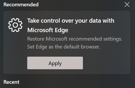 wizo4ka's tweet photo. @MicrosoftEdge @Microsoft @Windows There's nothing more annoying than Windows' recommendation to use Edge. Can't find a way to get rid of this notification. Why do I have to close it every day? https://t.co/3QZ3MINuZV