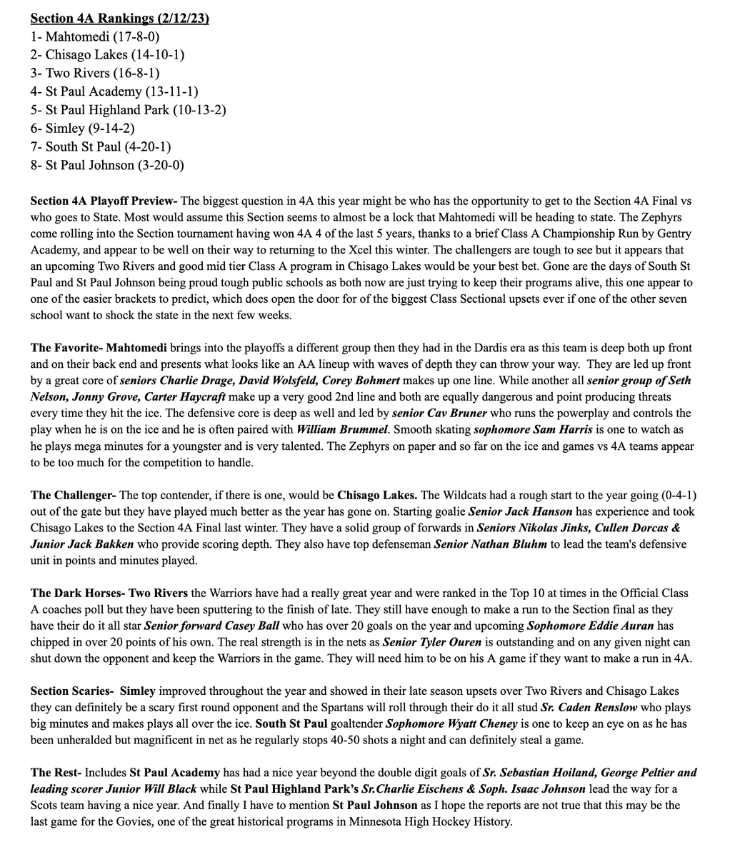 ClassAHockeyGuy's tweet photo. Official Section 4A Seeds &amp; Playoff Preview
1- @ZephyrsBoysPuck 
2- @CLHSActivities 
3- @GoTRWarriors 
4- @spahockey_coach 
5- @scotshockey 
6- @SimleyPucks 
7- @Packer_Hockey 
8- @jhs_hockey https://t.co/9jFk8bfV7l