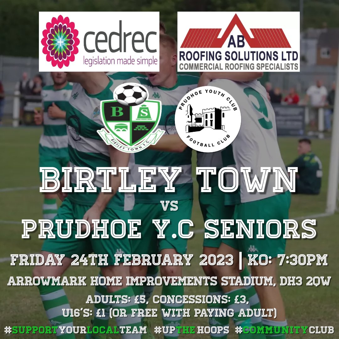 FRIDAY NIGHT FOOTBALL IS BACK!

We welcome <a href="/Prudhoeycfc/">Prudhoe Youth Club FC</a> to The Arrowmark on Friday night for a game under the lights and we'd love it if you could join us!

Match sponsor: <a href="/cedrec_news/">Cedrec</a>
Matchball sponsor: <a href="/abroofingsol/">AB ROOFING SOLUTIONS LTD</a>

#SupportYourLocalTeam #CommunityClub #UpTheHoops #NonLeague