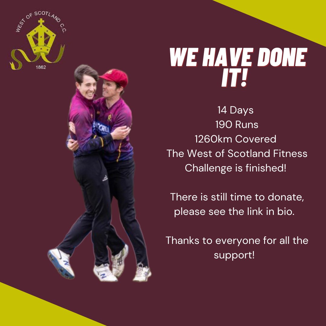The West of Scotland Fitness Challenge is officially complete!

Over 14 days the team covered the entire distance from West to Lords and back, a whopping 1250km, raising money for our clubhouse refurbishment. Thanks to all who supported!