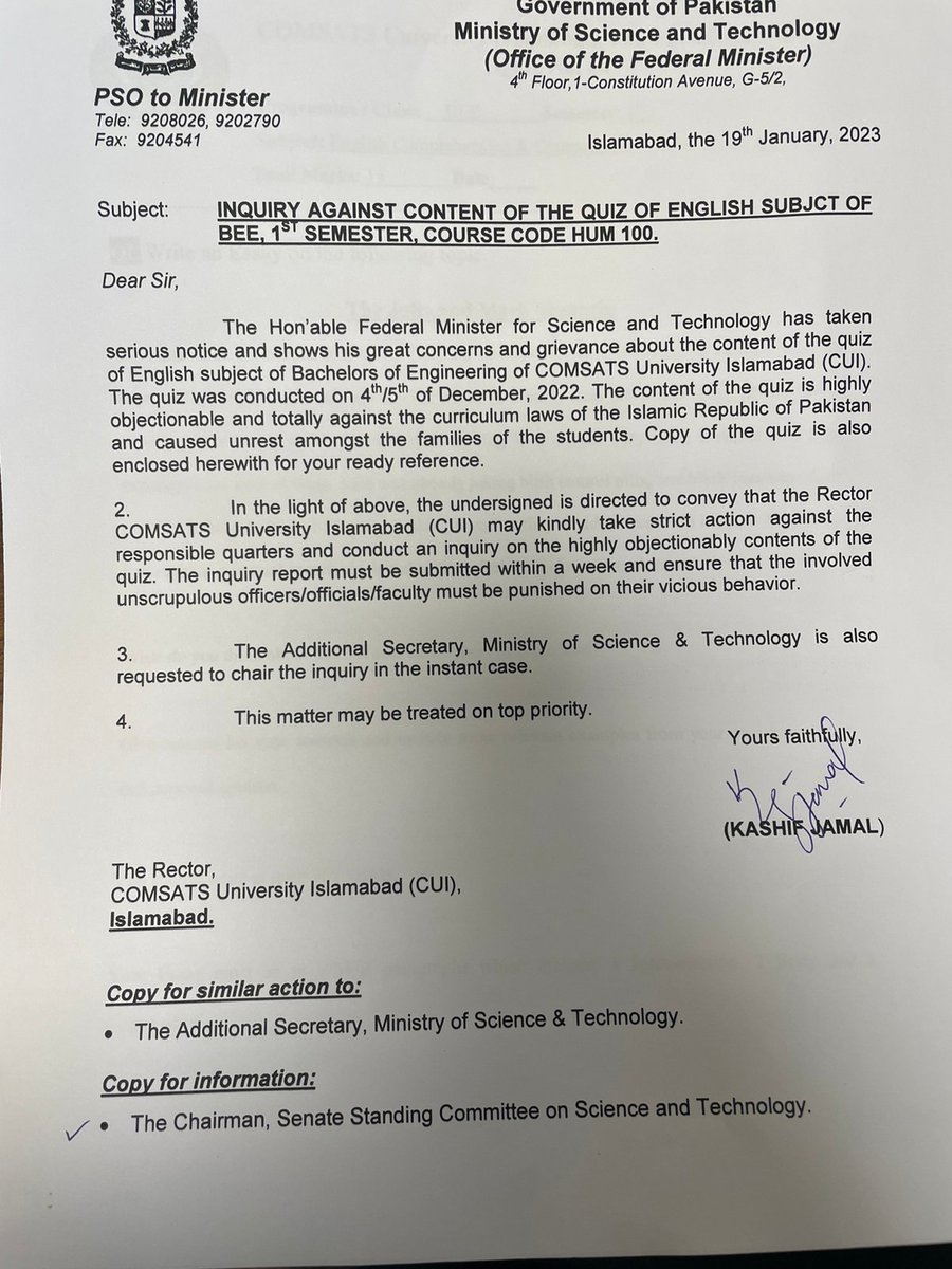 M_EssJay's tweet photo. COMSATS: Whatever is the outcome of this inquiry, the individual who tried to peddle this idea of incest with in students must be apprehended &amp; made an example for the academic fraternity. Not only that particular individual but all those who processed this quiz &amp; approved it. https://t.co/W2ln9VznO0