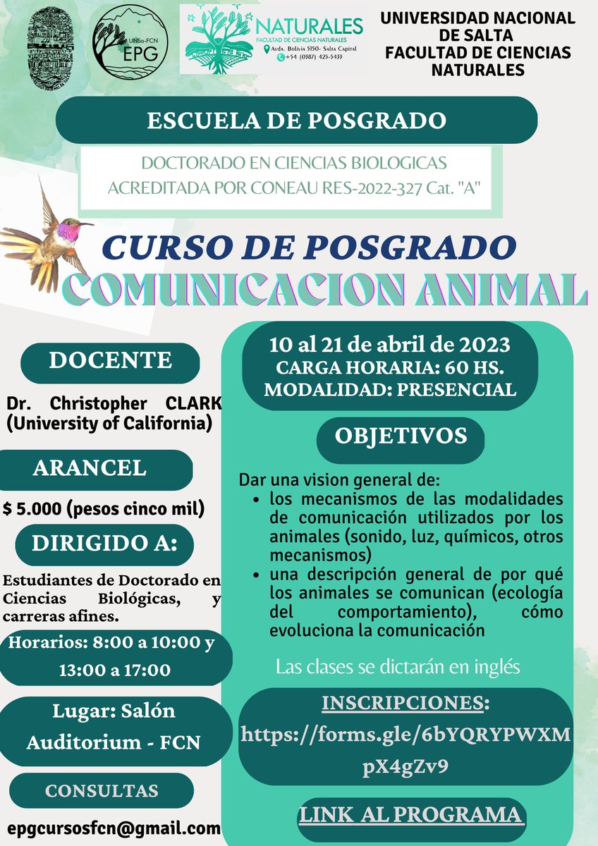 Selasphorus1's tweet photo. Hola Ph.D. students in Argentina I am teaching a Comunicación Animal course (postgrad) in April in Salta. Registration link below. Pls RT. Thank you #Fulbright for funding @FulbrightPrgrm. https://t.co/hodnlWqizW
