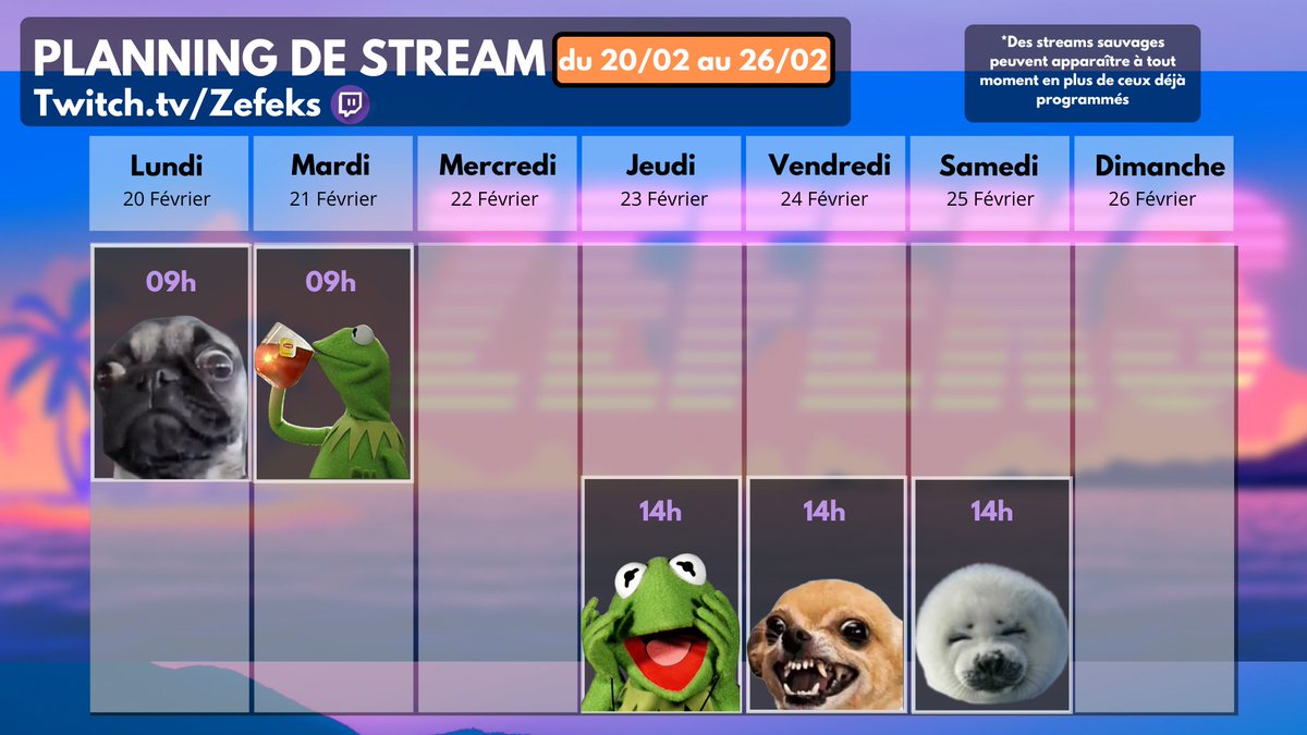 Planning de la semaine de ses morts!
Pas mal de changement au niveau du contenu, on en parle rapidement 🐸

Twitch.tv/Zefeks
Twitch.tv/Zefeks
Twitch.tv/Zefeks