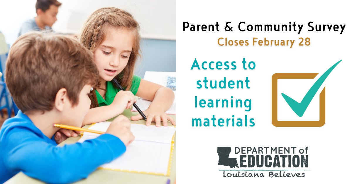 doelouisiana's tweet image. Louisiana state law gives parents the right to access student learning materials. A few minutes of your time will help us make this process easier for families and the community. Our survey closes February 28. #LaEd #lalege #lagov ow.ly/Sl0150MWsTo