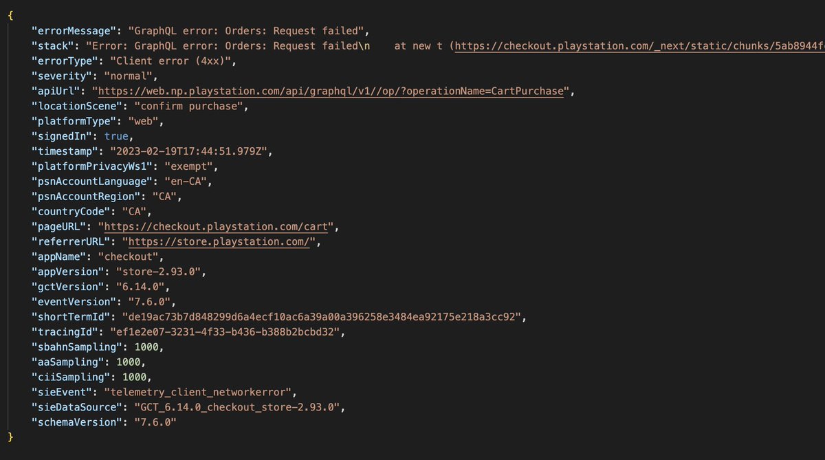 pobrassard's tweet photo. @PlayStationCA @PlayStation  There's a bug with your checkout system when you try to buy something using a new account with a custom domain email (not gmail or hotmail). It triggers your anti-fraud system. Here is the stack trace. 

Your CS was unhelpful with this

Plz fix 🙏 https://t.co/E9DEo2kHYi