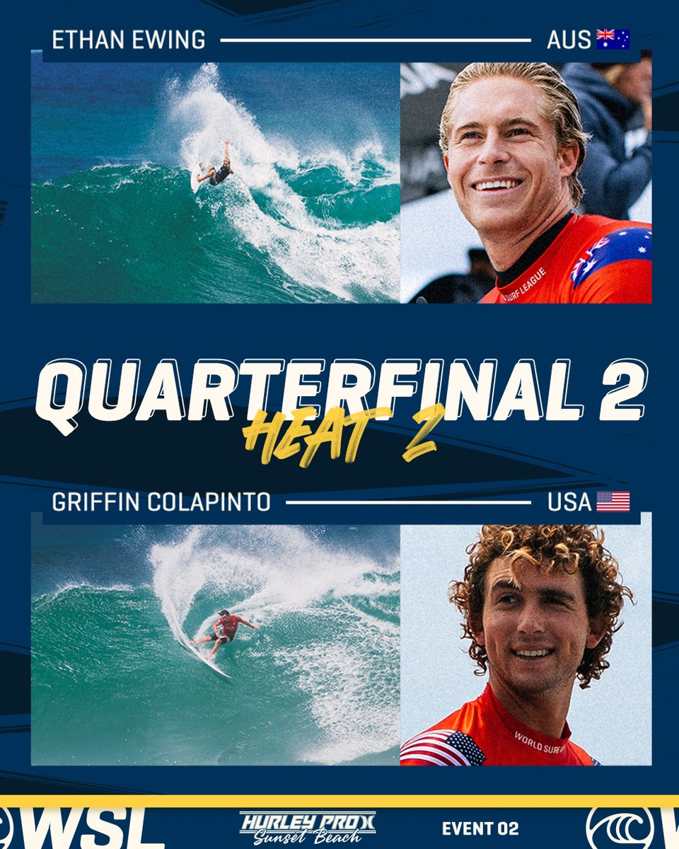 wsl's tweet photo. The Men's Quarterfinals are ON!
Watch Finals Day of the #HurleyProSunsetBeach LIVE on https://t.co/ie0ZfMWjFw.
@hurley https://t.co/Wx5Eb5z19s