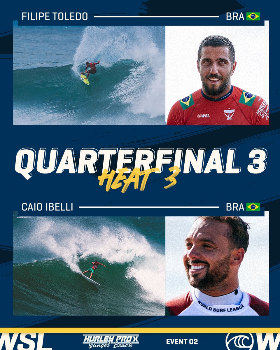 wsl's tweet photo. The Men's Quarterfinals are ON!
Watch Finals Day of the #HurleyProSunsetBeach LIVE on https://t.co/ie0ZfMWjFw.
@hurley https://t.co/Wx5Eb5z19s