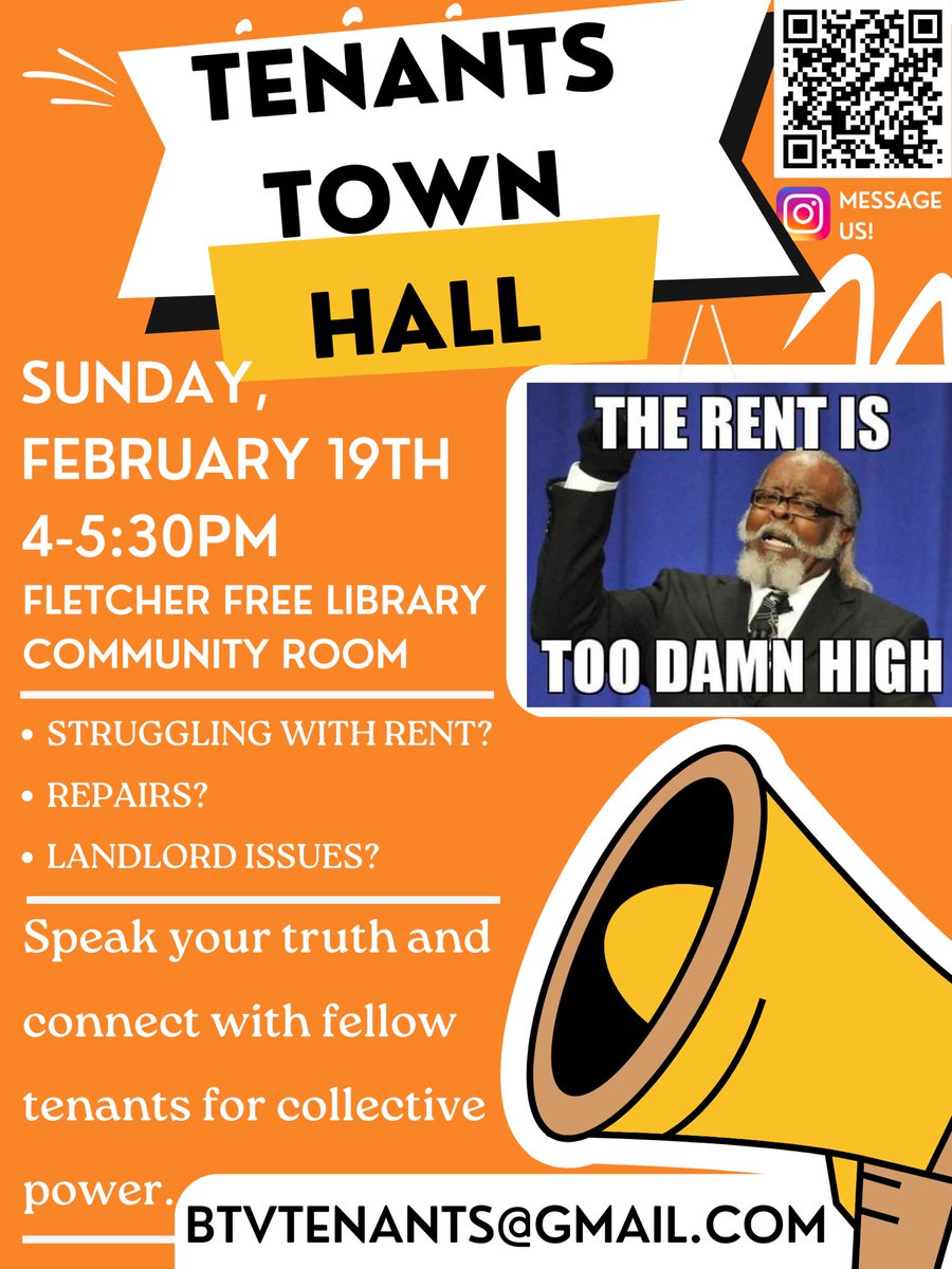 TODAY: Tenants Town Hall, 4-5:30pm at Fletcher Free Library! If you’re going through housing issues right now and/or are interested in tenant organizing, come thru! <a href="/btvtenants/">Burlington Tenants United</a>