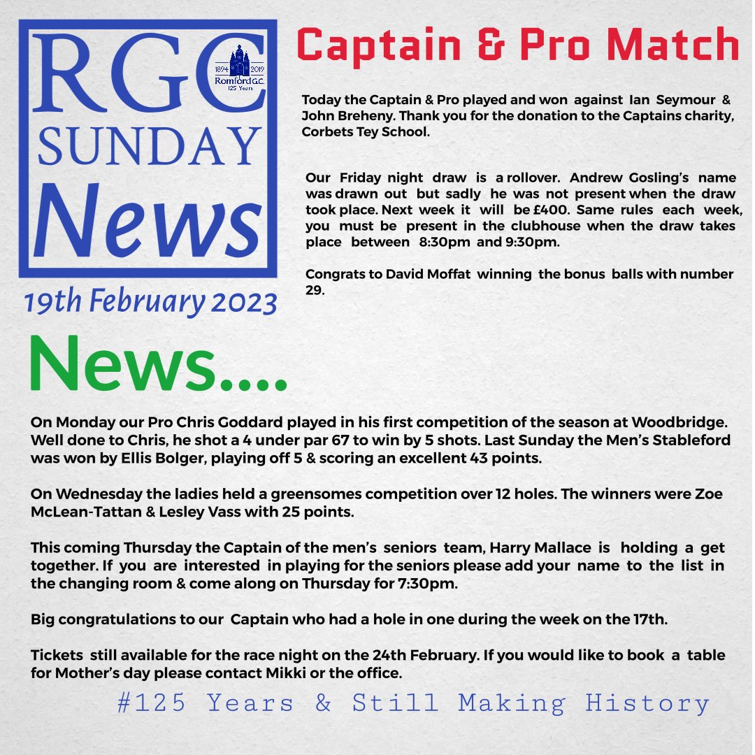 Romfordgolfclub's tweet photo. RGC Sunday news #rgc #sundayaddress #c #tradition #125yearsandstillmakinghistory https://t.co/qM4L1KF2fh