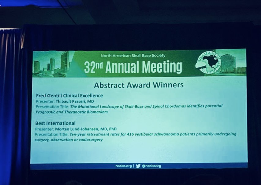 SC_Froelich's tweet photo. Proud of our young partner @ThibaultPasseri  who received the #NASBS2023 Fred Gentili clinical excellence award for his work on the mutational landscape of skull base chordomas. Thanks to @NASBSorg. Thanks to our research team ! @chordome_org @ChordomaFDN @HopLariboisiere @TheJNS https://t.co/f49Pu2O6SB