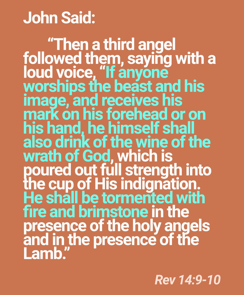 Maranatha7774's tweet photo. Three angels will appear in heaven during the tribulation. One will proclaim the everlasting gospel. Another will proclaim the fall of Babylon. The last one will warn against taking the mark of the beast. Whoever takes it will be tormented with fire and brimstones (Hell). 

If you are in the tribulation, I hope you have experienced enough of it, have turned to Christ, and are willing to die for Him - or endure somehow until the end.

PLEASE DO NOT TAKE THE MARK OF THE BEAST!!! If you do, you will become unredeemable and the blood of Jesus won't be able to save you - you will go to hell!! 

At this midpoint, God is about to destroy Babylon - His ultimate enemy and persecutor of His people -with the seven bowls. 

These are the most severe judgments the world has ever seen. The plagues on the earth up to this mid-point, have been unspeakably horrific, but you haven't seen anything yet, the last days will be ferocious as the earth prepares for the Second coming of Jesus Christ. 

Festering sores will break out on the people who had taken the mark of the beast and worshiped its image. The waters of the sea and rivers will turn into blood. The heat of the sun will be so intense that will scorch people with fire. Demonic spirits will roam the earth, and you will experience the most severe earthquake in history, so strong that will reshape the earth. The pain and suffering will be indescribable.  

I'm not telling you these terrible things to scare you or to cause you to despair, but to awaken you to the reality you now face, and to cause you to stop placing your hope and trust in this world!! 

Let go of your life and trust in God!! You've seen enough! Believe that Jesus went to the cross to save you! He died, was buried, and resurrected just like the Bible tells us. Jesus is your only hope at this point!! Accept HIM!!! 

Ask Him to help you, to give you strength for what's coming. Stand strong if you are required to give your life for the sake of Christ. Remember that the moment you close your eyes on this life you will open them again in the presence of Jesus Himself!!