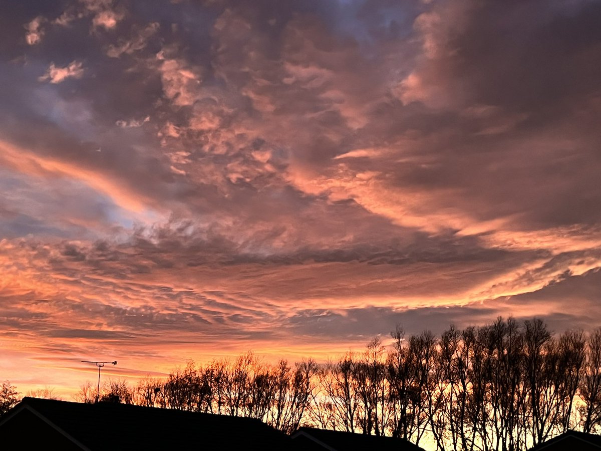 Hazeljsw's tweet photo. Beautiful sunset this evening above the rooftops and trees #BBCWeatherWatcher #weatherwatcher #bbceastmidlands #hucknall @bbcemt https://t.co/LZSlDYCNaL