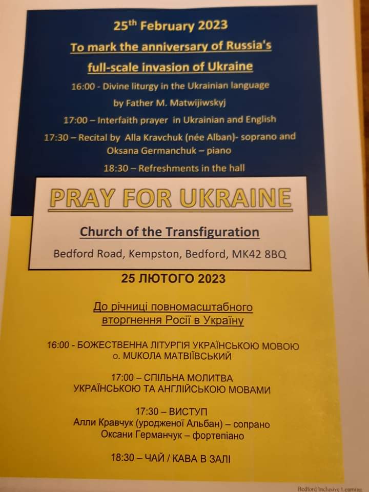 masih_ericm's tweet photo. Pray For Ukraine, join us next Saturday 5.30 pm @ The Transfiguration Church, Kempston, Bedford. for Interfaith Prayers by the Diverse communities of Bedford. Refreshments in the Hall afterward. #Ukrainecommunity #Diversecommunties #transfigurationchurch https://t.co/LJJzh9dR6E