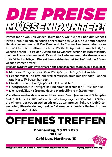 Nahrungsmittel sind immer noch in einem Jahr um 20,7 Prozent teurer geworden, auch wenn weniger darüber geredet wird und sich fast alle damit abfinden. 
Wir organisieren uns dagegen und laden alle interessierten für das nächste Offene Treffen am Donnerstag ein!
#leipzig