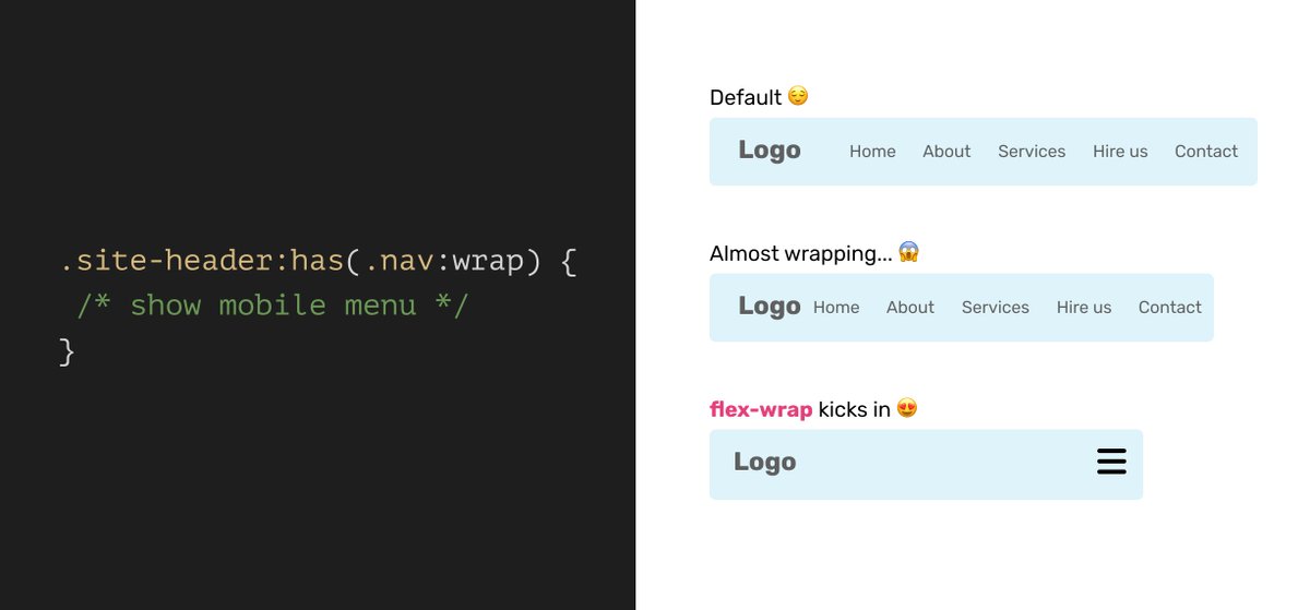 shadeed9's tweet image. Each time I use flex-wrap in CSS, I wish there is a way to detect when a flex item is wrapped.

I wrote a post thinking about why that is useful with a few use-cases that came to my mind.

This could be the closest thing to content queries in CSS.

🔗 ishadeed.com/article/flex-w…