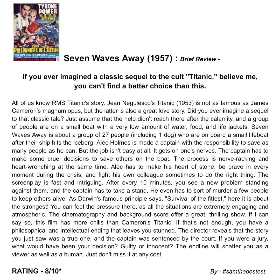 SAMTHEBESTEST_'s tweet photo. Watched #SevenWavesAway (1957) :
If you ever imagined a classic sequel to the cult #Titanic, believe me, you can't find a better choice than this
RATING - 8/10*
#richardsale #tyronepower #lloydnolan #maizetterling #moiralister #stephenboyd #marielohr #jameshayter #finlaycurrie https://t.co/0uZssvBKMd