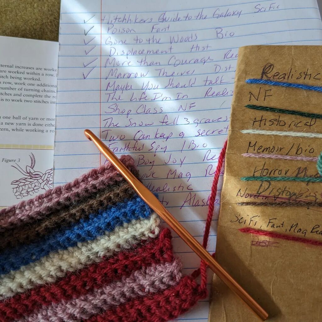 NHSSReads's tweet photo. Learning to crochet by making a scarf that tracks the genres I have read this year. #NHSSReads  #NHSSLearns https://t.co/LuW1xCCpAp https://t.co/aF1ZkbjA1t