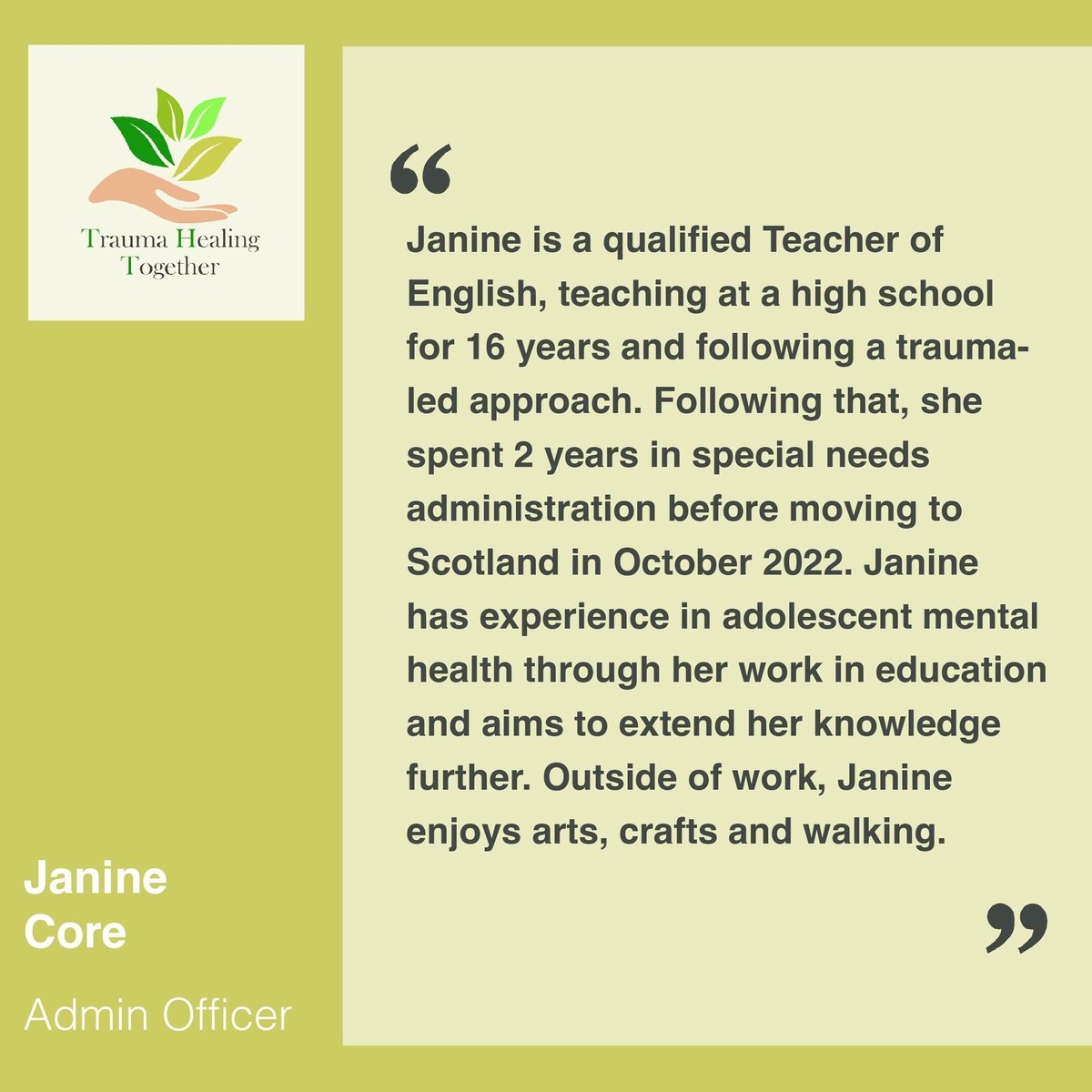 🙌Meet the team🙌

We’re thrilled to introduce our lovely team to you!

This week, let’s meet Janine, our Admin Officer!

#meettheteam #trauma #traumahealing #traumarecovery #charity #psychology