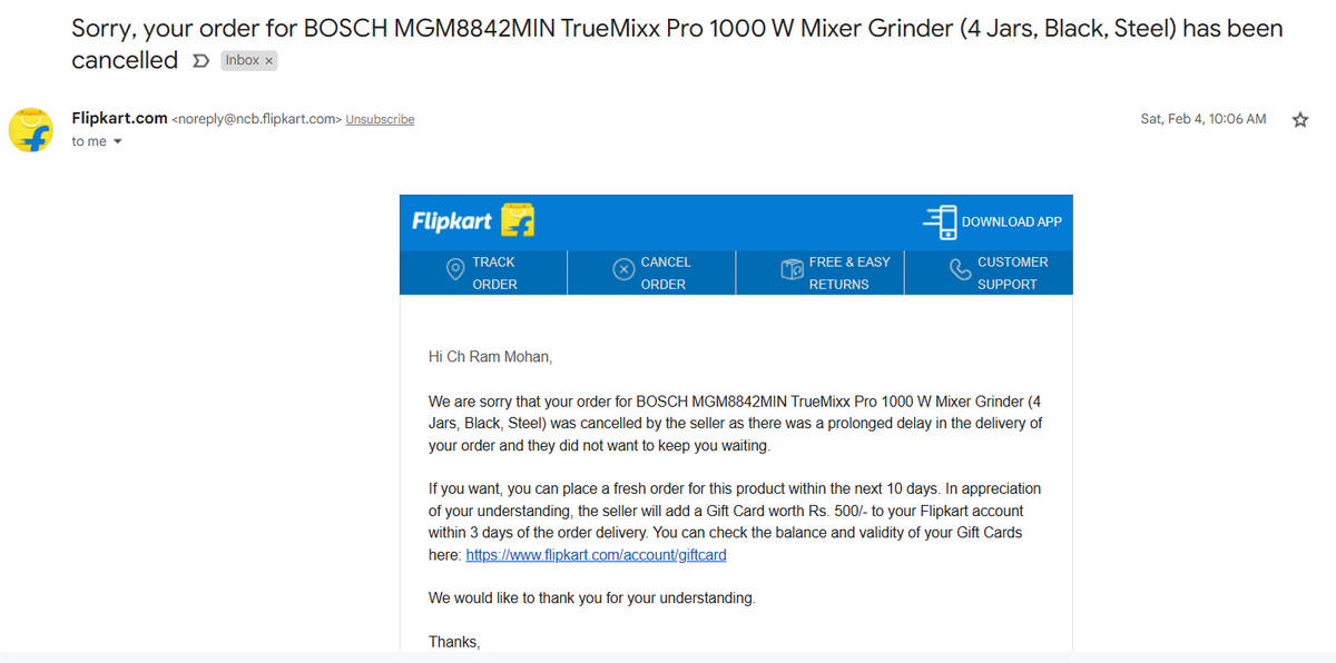 CH_RAMMOHAN's tweet photo. @flipkartsupport doing fraud practices by sending emails for items which were auto cancelled due to logistical issue.
I got an email to buy the same product in next 10 days to get 500 gift card, now they say I am not eligible.
order id OD427254833518520100.
@jagograhakjago https://t.co/kjJsR5F8AO