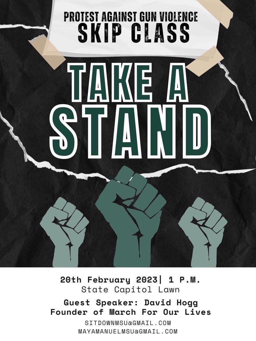 MSU: We are with you.

Join us tomorrow 2/20 at 1PM at the Michigan state Capitol with <a href="/davidhogg111/">David Hogg 🟧</a> 📣.