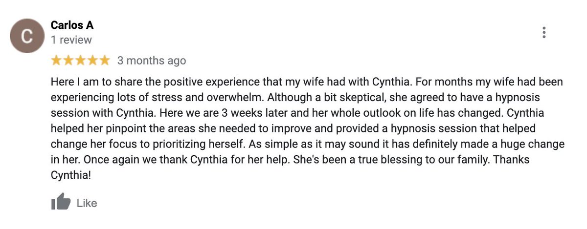 nationalhypno's tweet photo. Cynthia's online calendar: https://t.co/b7CLIpbA5n

"My wife had been experiencing lots of stress and overwhelm. Although a bit skeptical, she agreed to have a hypnosis session with Cynthia...her whole outlook on life has changed."

 #hypnosis #hypnotherapy #anxiety https://t.co/SkiFf8s28n