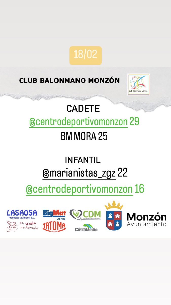 monzon_bm's tweet photo. 18/02:

El equipo cadete finalmente obtuvo la victoria tras un encuentro muy disputado hasta el final. Por su parte, el infantil, le tocaba jugar en pista exterior frente a Marianistas y no pudo remontar el desigual que se inició desde el minuto uno de partido.

#balonmanomonzon https://t.co/7tpkU55P6S