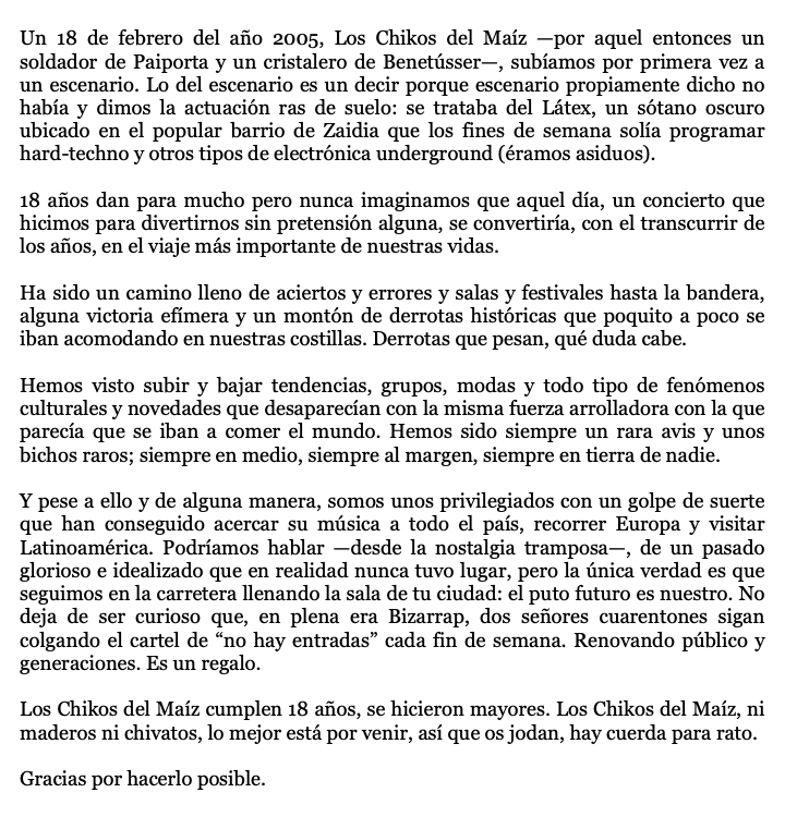 chikosdelmaiz's tweet photo. Ayer, 18 de febrero, hizo exactamente 18 años que subimos por primera vez a un escenario como 'Los Chikos del Maíz', 5€ con flyer y sin consumición xd. ¿Estuviste allí?

Y tuvimos la suerte y el privilegio de poder celebrarlo en Málaga. Gracias por todos estos años.

#Since2005 https://t.co/XSQv7A79ob