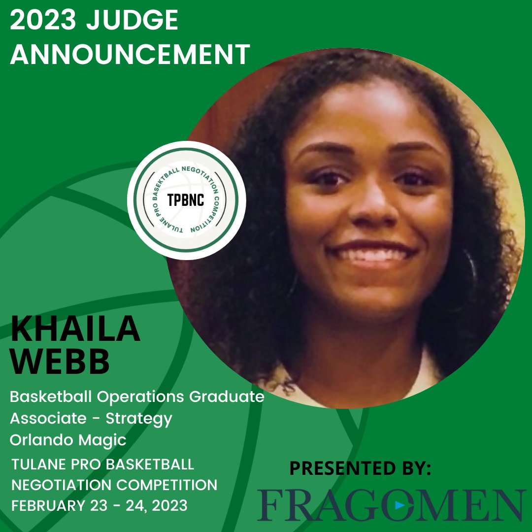 TulanePBNC's tweet photo. Next up, we have @Khaiwebb_ of the @OrlandoMagic! Aside from being a basketball operations graduate associate for the Magic, Khaila is pursuing her J.D. at @BarryUniversity. Thank you for joining us this year, Khaila! #tpbnc @fragomen https://t.co/8Z5dvJjwrs