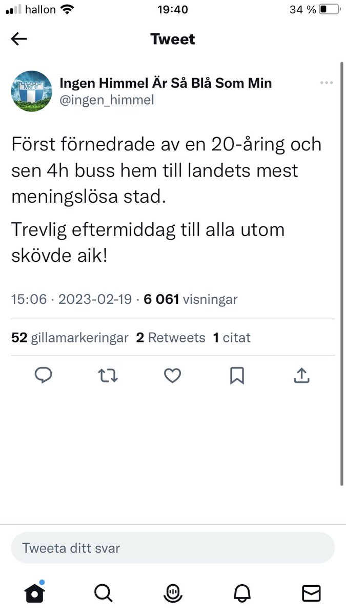 Malmö har alltså så dålig självinsikt och självkänsla att dom kallar 2-0 hemma mot Skövde som omsätter 2% av vad Malmö gör för en -Förnedring… 🤣 

Sen e nog Malmö i paritet med Skövde sett till meningslöshet…