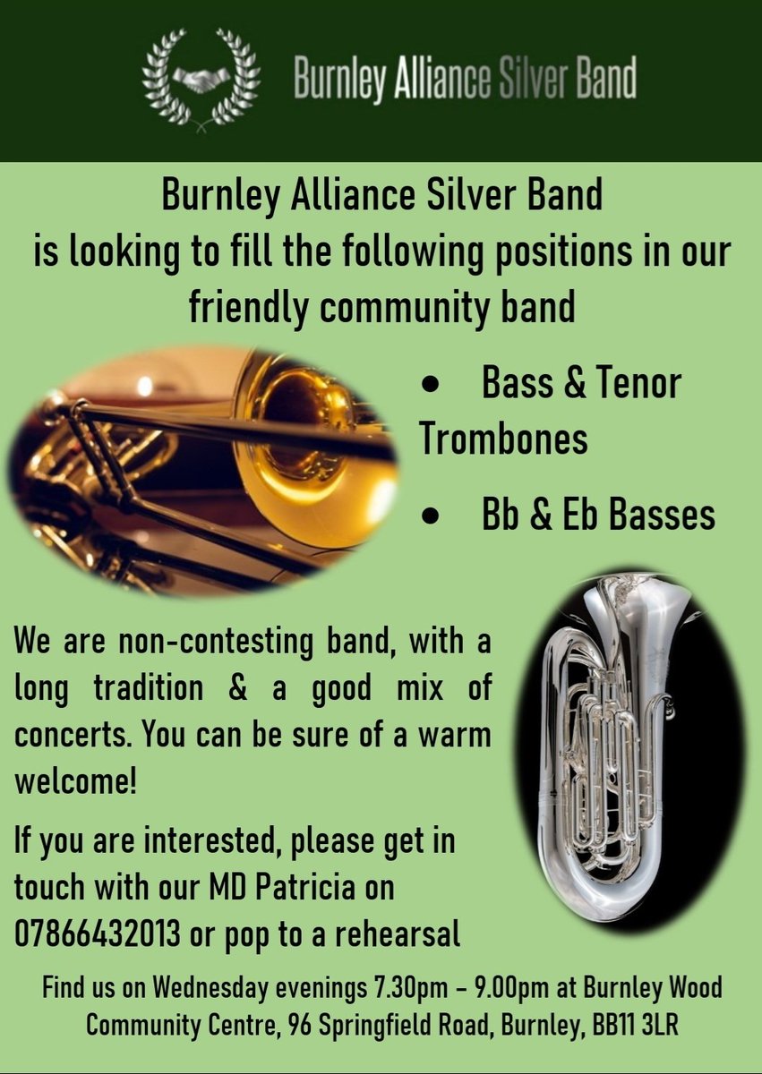 Burnley Alliance Silver Band (@burnleyband) on Twitter photo The band is looking to fill the following seats. If you're a former player looking to return to banding, or just fancy a change of scene, please get in touch! <a href="/echairs/">Empty Chairs</a> <a href="/4barsrest/">4barsrest.com</a> <a href="/BrassBandsEng/">Brass Bands England</a> <a href="/All4Brass/">All4Brass</a> The band is looking to fill the following seats. If you're a former player looking to return to banding, or just fancy a change of scene, please get in touch! <a href="/echairs/">Empty Chairs</a> <a href="/4barsrest/">4barsrest.com</a> <a href="/BrassBandsEng/">Brass Bands England</a> <a href="/All4Brass/">All4Brass</a>