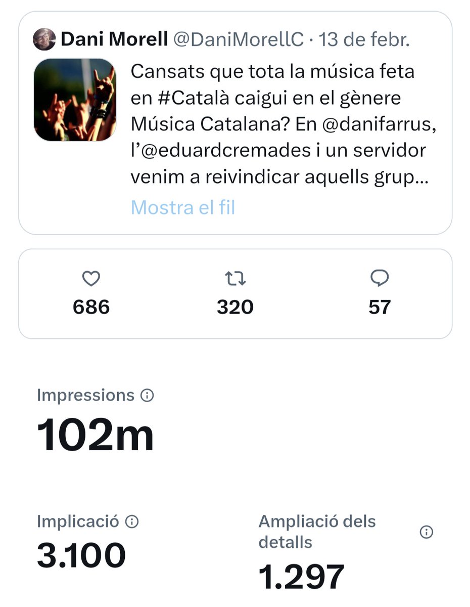 DaniMorellC's tweet photo. Més de 100.000 impressions al fil de #MetalEnCatalà. 70 grups publicats i pujant. Hi ha vida més enllà de la música comercial i la radiofórmula. Moltes gràcies a tothom. Això ens anima a seguir 🖤 https://t.co/BF7yYBIGh7