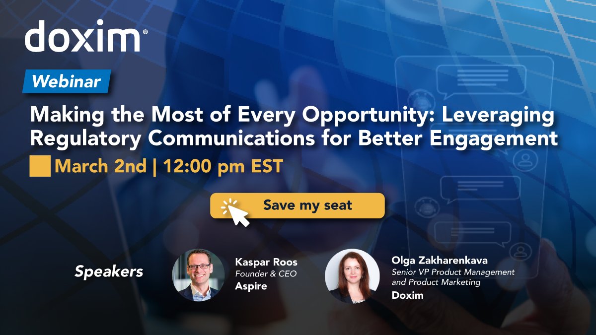 Doxim_Inc's tweet image. Is your business taking full advantage of the engagement potential within your regulatory documents? Join us, along with Aspire to learn how to leverage regulatory communications for superior #CustomerEngagement. Save your seat now:  bit.ly/3YYDD0p

#RegulatoryDocuments