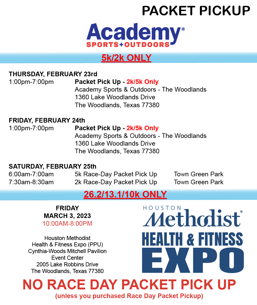 TWMarathon's tweet photo. PACKET PICKUP SCHEDULE:
The Woodlands 5k -The Woodlands 2k Family Fun Run
Legacy Capital The Woodlands Marathon
Houston Methodist The Woodlands Half Marathon
The Woodlands 10k
#leadalegacy #houstonmethodist #teamgreenrunning #heineken #texasfirstbank #academysportsandoutdoors https://t.co/Mu0ijaC6Te