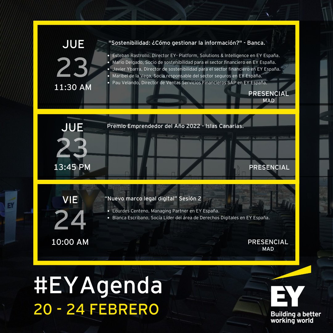 EY_Spain's tweet photo. 📅 Lunes 20 Febrero – Viernes 24 Febrero 📅

Esta es la #AgendaEY de esta semana. Elige el #evento que más te interese y apúntate para seguirlo #endirecto 🖋

🔗Registrate⬇

#EY #EventoEY #Webinar https://t.co/uYq2kE4jwa