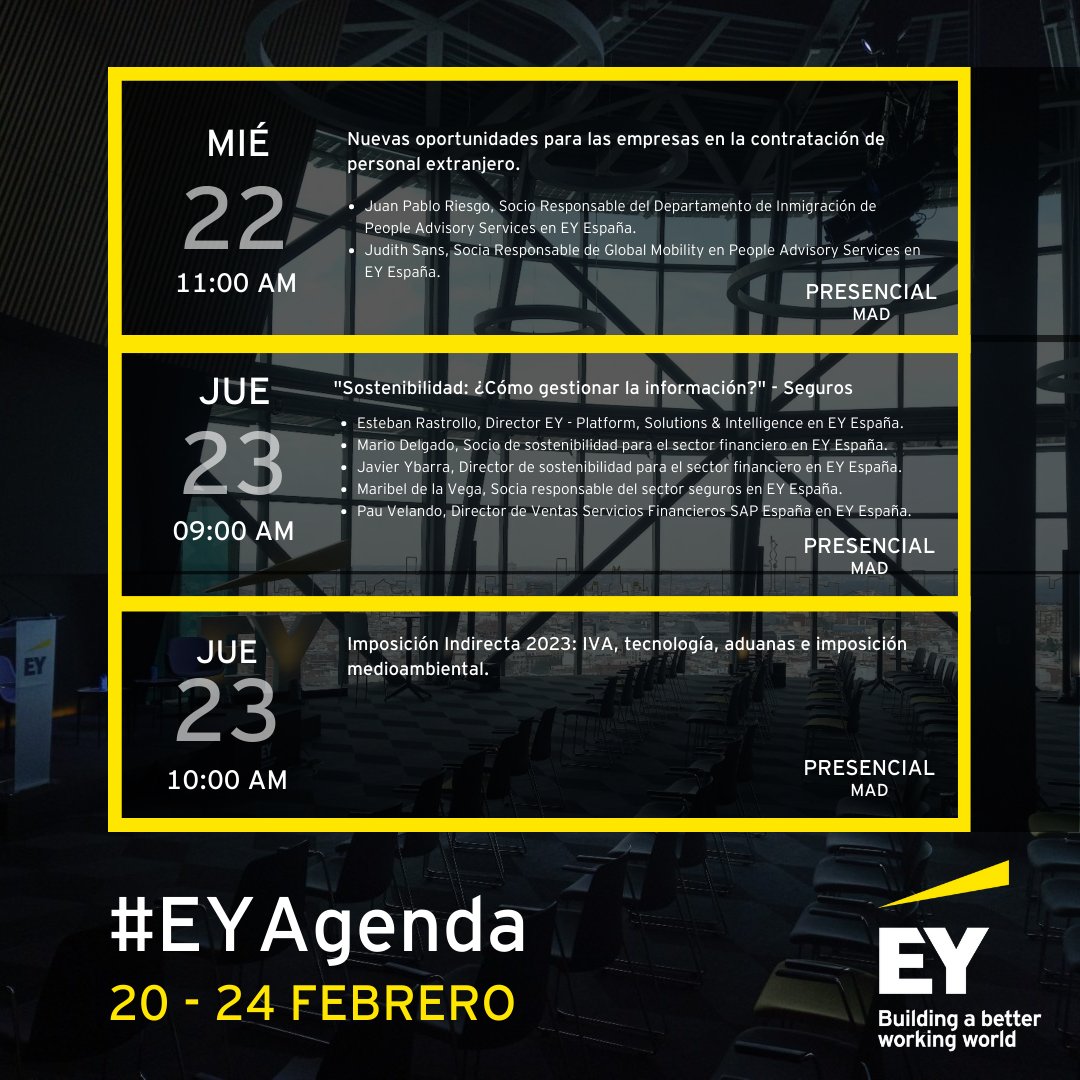 EY_Spain's tweet photo. 📅 Lunes 20 Febrero – Viernes 24 Febrero 📅

Esta es la #AgendaEY de esta semana. Elige el #evento que más te interese y apúntate para seguirlo #endirecto 🖋

🔗Registrate⬇

#EY #EventoEY #Webinar https://t.co/uYq2kE4jwa