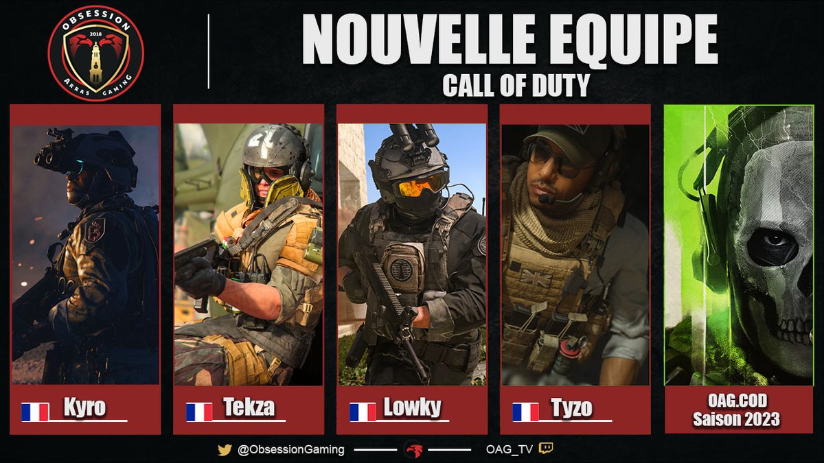 Nous avons l'honneur de vous présenter, notre nouvelle équipe Call Of Duty ! 🔥

<a href="/NKyro9/">Kyro</a> 
<a href="/Tekzaaa/">Lukas • Tekzouuu •</a> 
<a href="/LoowKyy/">LWK</a> 
<a href="/TyzoCOD/">Marwanito</a> 

Encadré par <a href="/FrelonNRV/">Frelon</a> 

Ils représenteront fièrement la <a href="/VilleArras/">Ville d'Arras</a> dans toutes les compétitions ONLINE et en LAN ! 🎮
