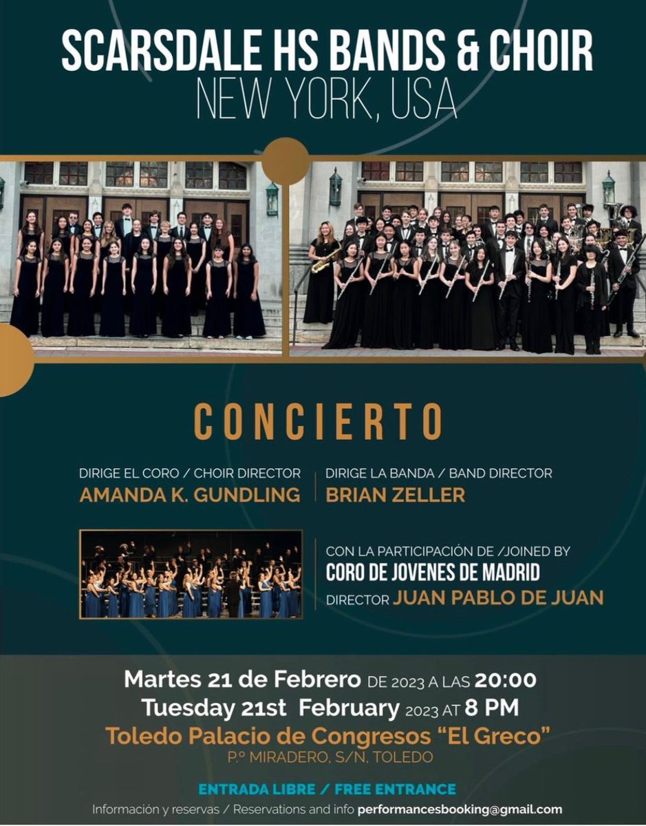 CoroJovenesMad's tweet photo. El próximo martes 21 de febrero tendremos la primera actuación de este año 2023, en Toledo, de la mano de Scarsdale HS Band and Choir, en el Palacio de Congresos “El Greco” de Toledo (Pº Miradero, S/N, Toledo) a las 20:00. 

La entrada es gratuita, así que, ¡os esperamos! 💙 https://t.co/cvREH34Ysh
