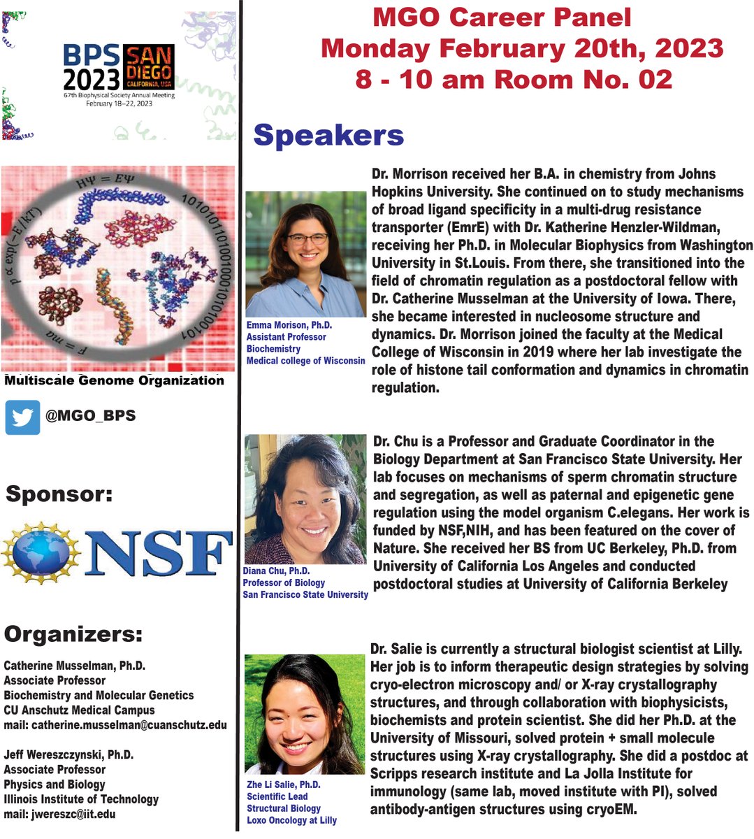 Musselman Lab (@musselmanlab) on Twitter photo Career panel tomorrow morning (Monday) 8am at #BPS2023. This panel is hosted by <a href="/MGO_BPS/">Multiscale Genome Organisation</a> and sponsored by <a href="/NSF/">U.S. National Science Foundation</a> . Open to all trainees! <a href="/EAMorrisonLab/">Emma Morrison</a>, <a href="/chud8/">Diana Chu</a> and Dr. Salie from
@LoxoLillyOnc will share their advice on careers and career development. Join us! 👇 Career panel tomorrow morning (Monday) 8am at #BPS2023. This panel is hosted by <a href="/MGO_BPS/">Multiscale Genome Organisation</a> and sponsored by <a href="/NSF/">U.S. National Science Foundation</a> . Open to all trainees! <a href="/EAMorrisonLab/">Emma Morrison</a>, <a href="/chud8/">Diana Chu</a> and Dr. Salie from
@LoxoLillyOnc will share their advice on careers and career development. Join us! 👇