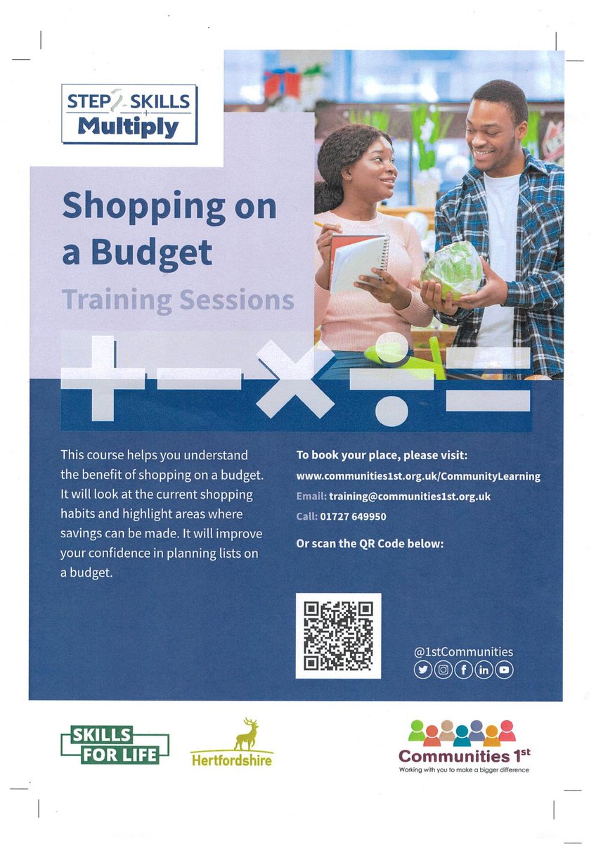 Shopping on a Budget. Make Do and Mend. Mental Health First Aid. Just a few of the Training Topics on offer by @1stCommunities  

#communitiesfirst #Redbourn #hertfordshire #localcharity #costofliving