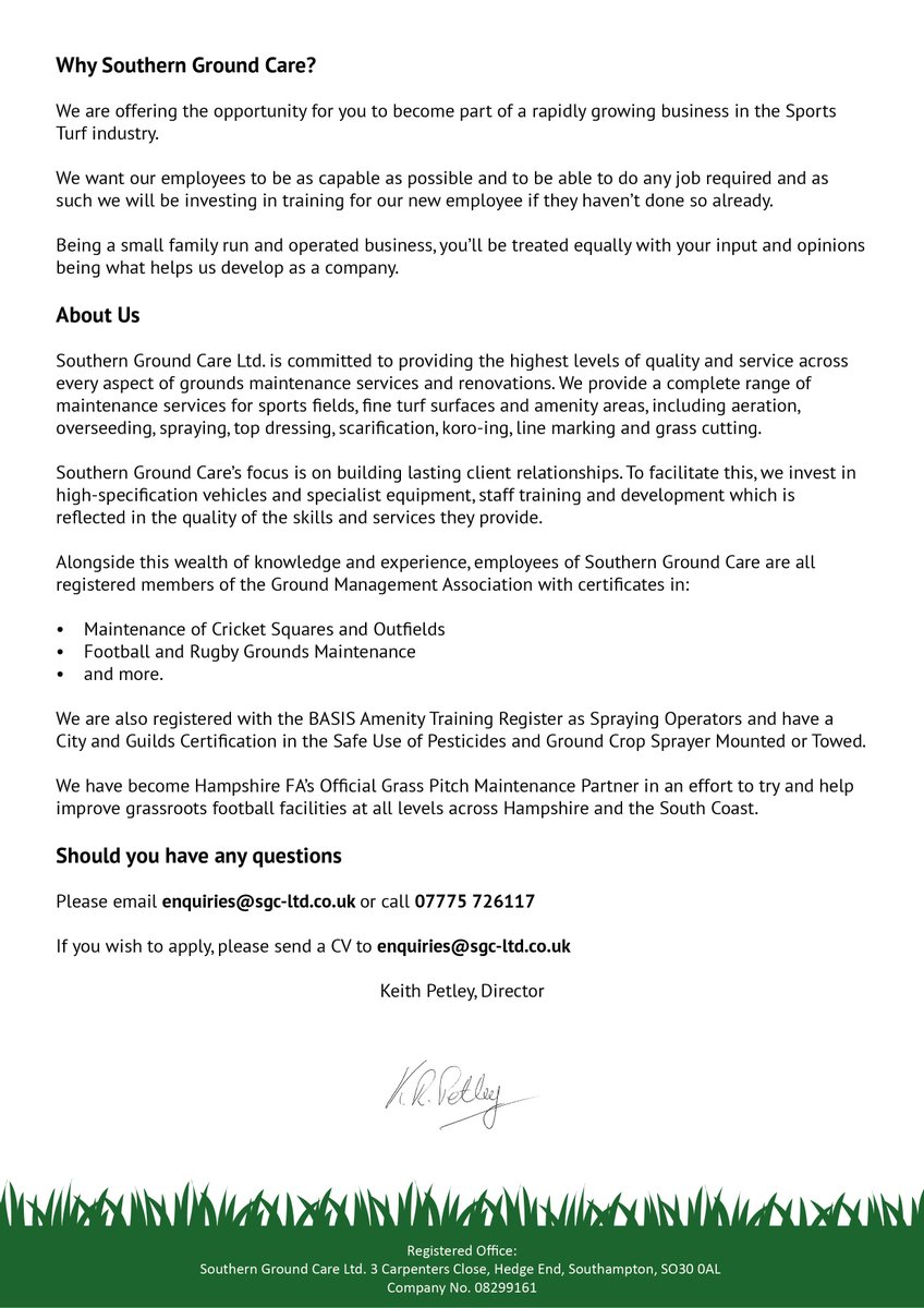 WE'RE HIRING!

Due to an increasing workload and expanding client base across the UK, we are looking to recruit a new Sports Turf Technician.

45 hours a week
Competitive salary starting at £26k-£28k

For more info on this role visit:
sgc-ltd.co.uk/careers