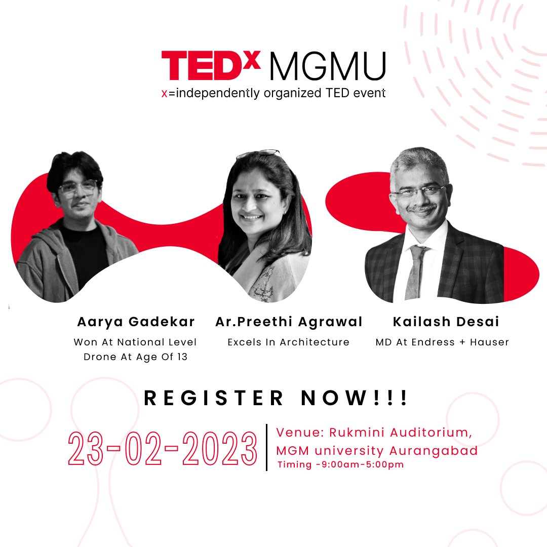 tedxmgmu's tweet photo. Introducing the voices that will inspire and enlighten at TEDxMGMU
- our incredible lineup of speakers!
.
#tedxmgmu #tedxspeaker #tedx #ted #mgmuniversity #tedxtalks #tedtalks #jnec #aurangabad #inspiration #ideas #dots #collecting #motivation #connecting #ideasworthspreading https://t.co/8HWl2Wn6Q0