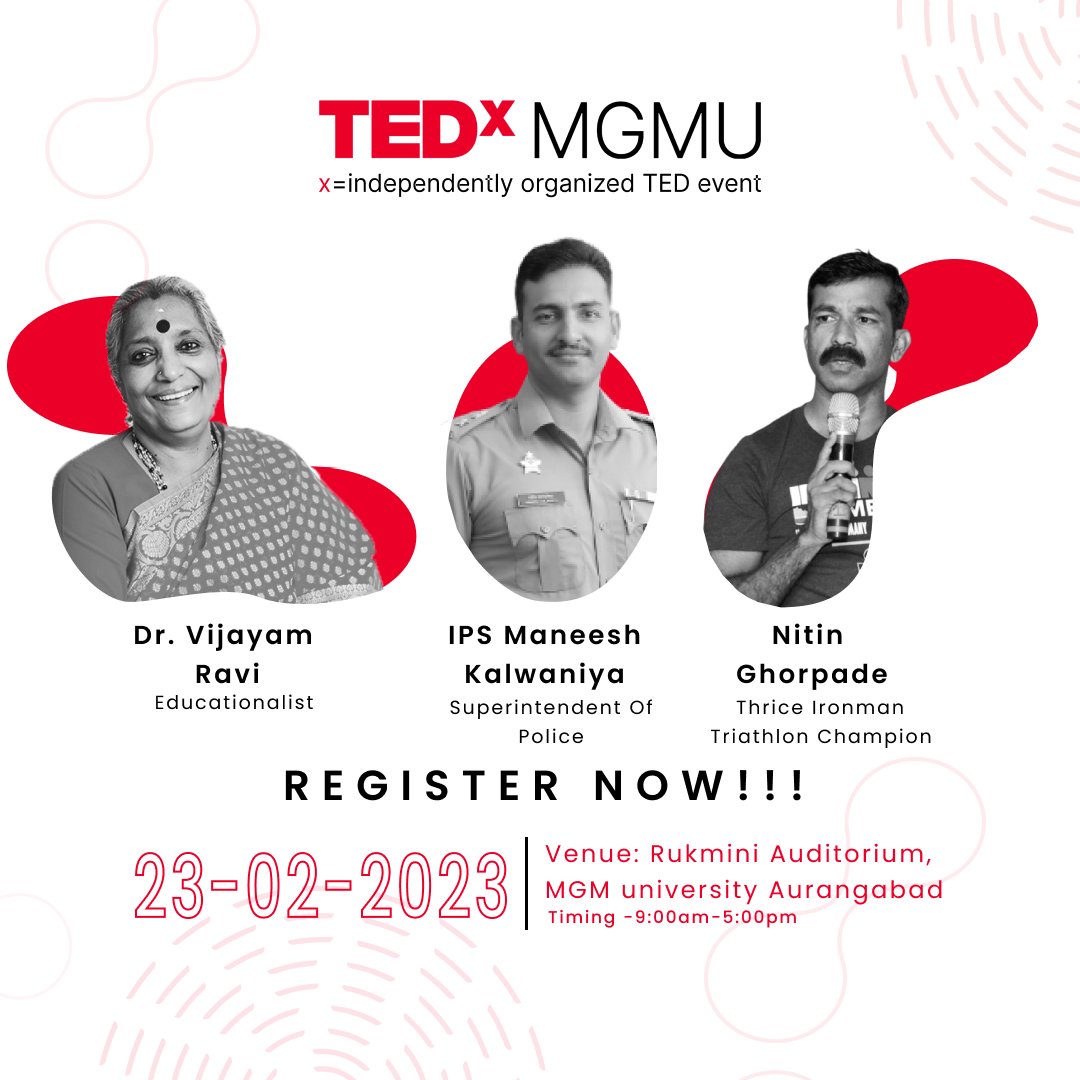 tedxmgmu's tweet photo. Introducing the voices that will inspire and enlighten at TEDxMGMU
- our incredible lineup of speakers!
.
#tedxmgmu #tedxspeaker #tedx #ted #mgmuniversity #tedxtalks #tedtalks #jnec #aurangabad #inspiration #ideas #dots #collecting #motivation #connecting #ideasworthspreading https://t.co/8HWl2Wn6Q0