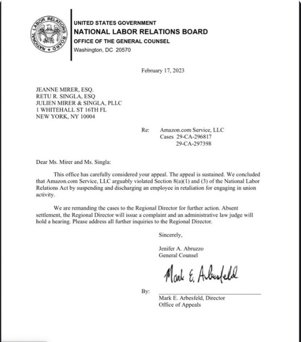 amazonlabor's tweet photo. BREAKING—NATIONAL LABOR RELATIONS BOARD GENERAL COUNSEL RULES AMAZON ILLEGALLY FIRED WORKER-ORGANIZER FOR UNION ACTIVITY. ABSENT SETTLEMENT, NLRB REGIONAL DIRECTOR WILL ISSUE COMPLAINT/JUDGE TO HOLD HEARING. 

@amazonlabor @NLRB @NLRBGC https://t.co/TBc7rg1n3t