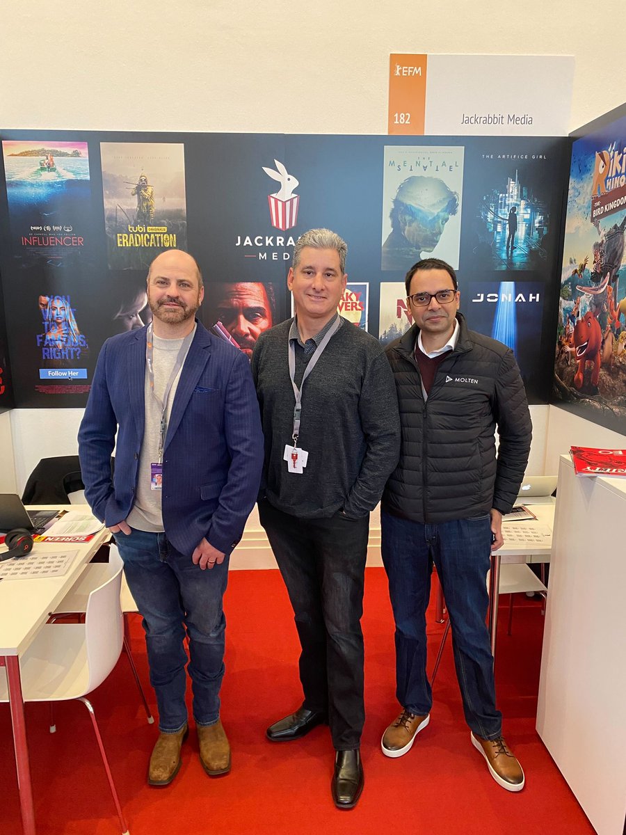 Jackrabbit Media’s, President/CEO, Jack Campbell with Molten CEO, Arjun Mendhi (right) and Molten Head of Sales, Bradford Nyquist (left). #EFM #Berlin2023 #JackrabbitMedia #Molten