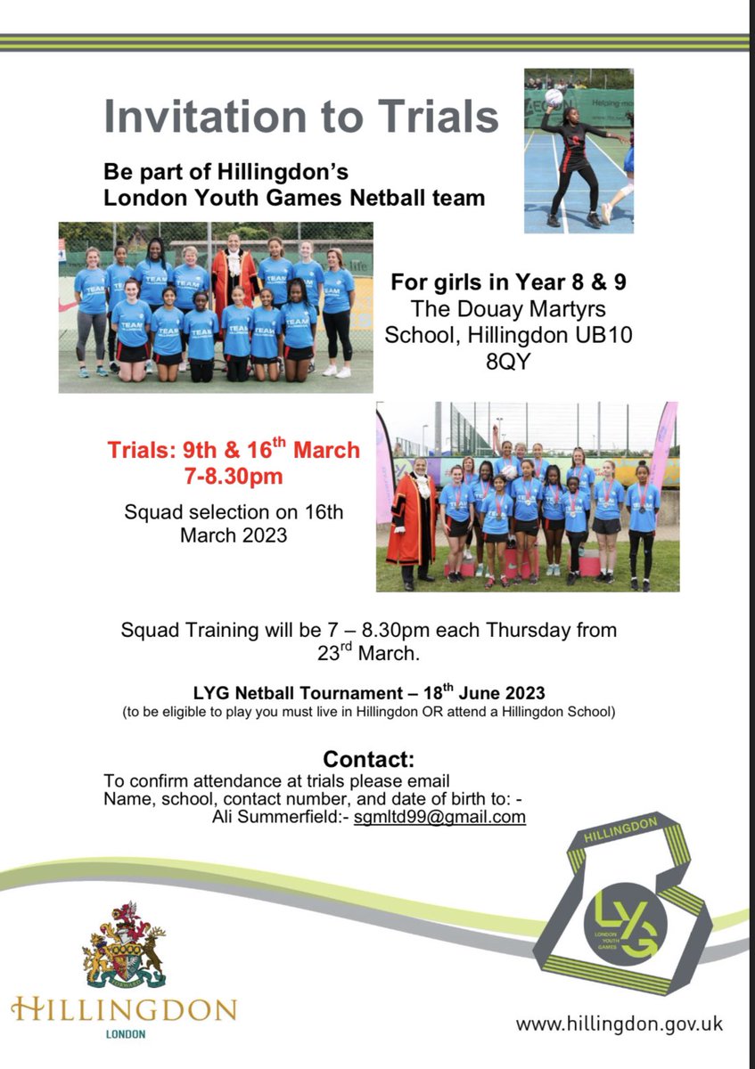 London Youth Games netball trials! Year 8&9 Girls; Hillingdon needs you!! Trials start in March! Please get in contact to register your interest 😃🏐🤞🏻🥳 @queensmeadpe @NorthwoodGDST @HaydonPE @VynersPE @ruisliphighpe @StHelensSchool @NorthwoodSCH