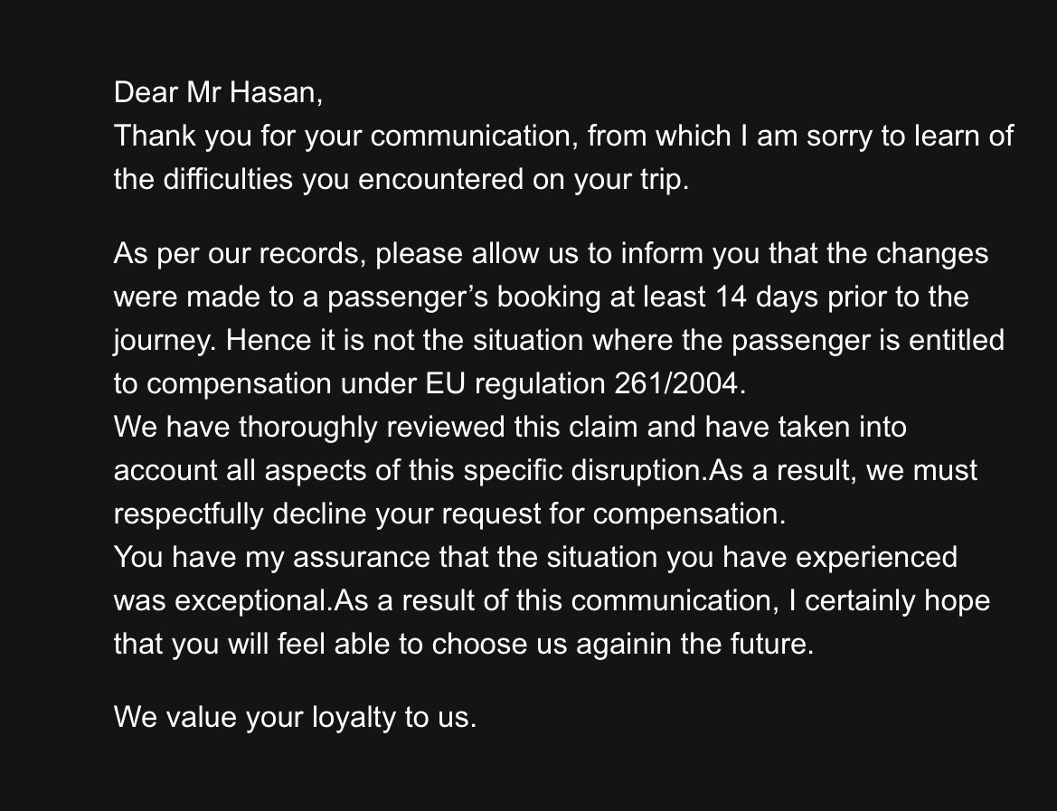 Shuu9512's tweet photo. @KLM this is the email I received after claiming compensation. Talking about a completely different scenario. Thoroughly reviewed?? Taken into account all aspects??? (5) https://t.co/RAtwAh4PgO