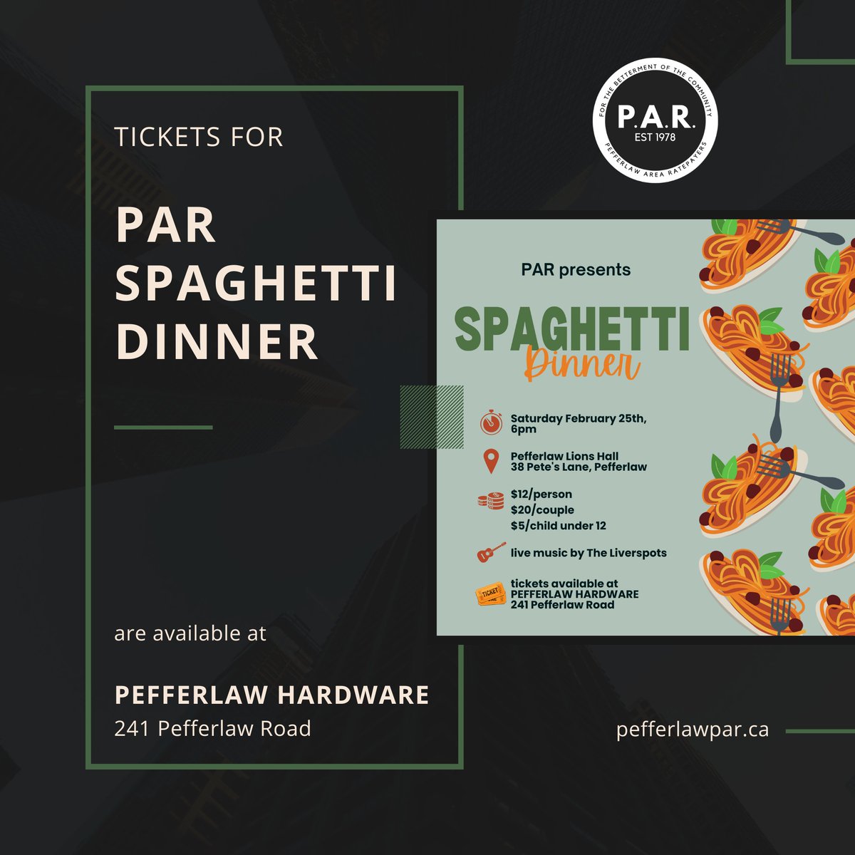 pefferlawpar's tweet photo. Tickets for the PAR Spaghetti Dinner are available at Pefferlaw Hardware, 241 Pefferlaw Road. #pefferlawpar #pefferlaw #spaghettidinner #communitymatters #theliverspots https://t.co/5NtuHFTFbk