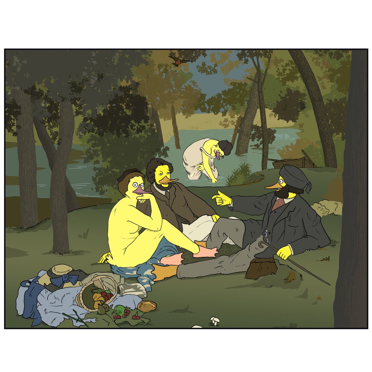 #monthoftheduck2023, day 19
The Luncheon of the Ducks 
Homage to Édouard Manet’s Le Déjeuner sur l'herbe, dedicated to the memory of comic artist genius, David ‘Dudu’ Geva and his immortal duck characters 🦆💛

#arthistorynerd #artlovers #arthistory #skinnydipping #ducks #art