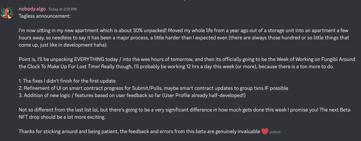 “The Week of Working on Fungibl Around The Clock To Make Up For Lost Time”

1st update was for stability, then there was a week of inactivity bc this is a one-man show and life happens, but the next update will include a few major bug fixes, *new features*, and ofc MORE BETA NFTs