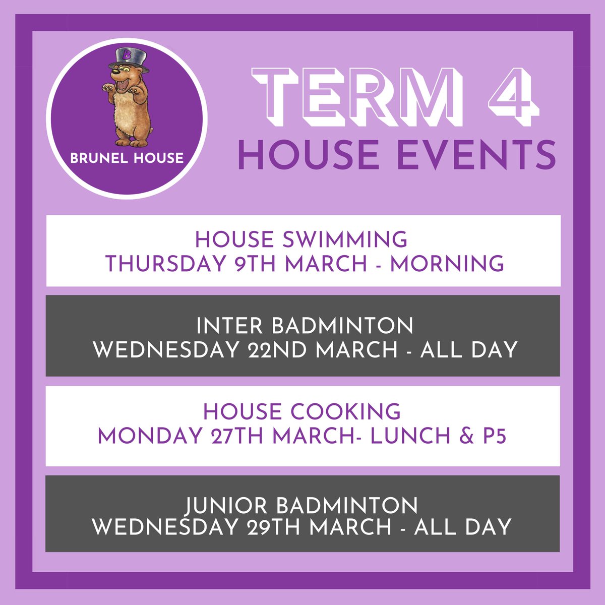 Term 4 House Events! Let’s go Brunel Bears!! 💜🐻💜🐻 Sign up with the 6th formers!